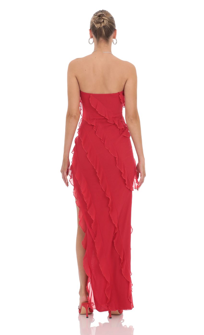 Mesh Ruffle Strapless Maxi Dress in Red - luluinthesky