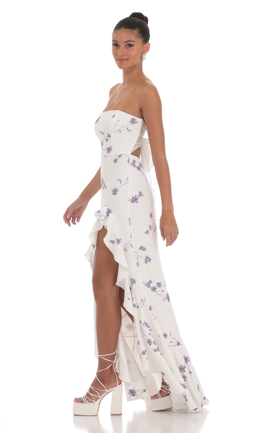 Floral Strapless Back Bow Corset Maxi Dress in White - luluinthesky