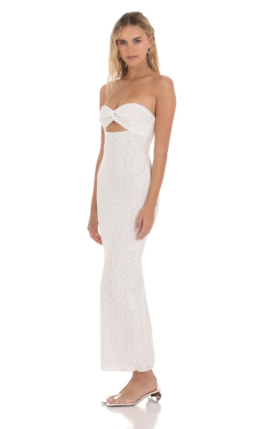 Strapless Textured Floral Twist Maxi Dress in White - luluinthesky