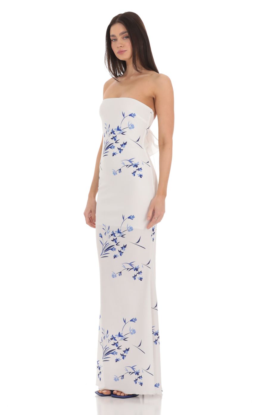 Floral Back Bow Strapless Maxi Dress in White - luluinthesky