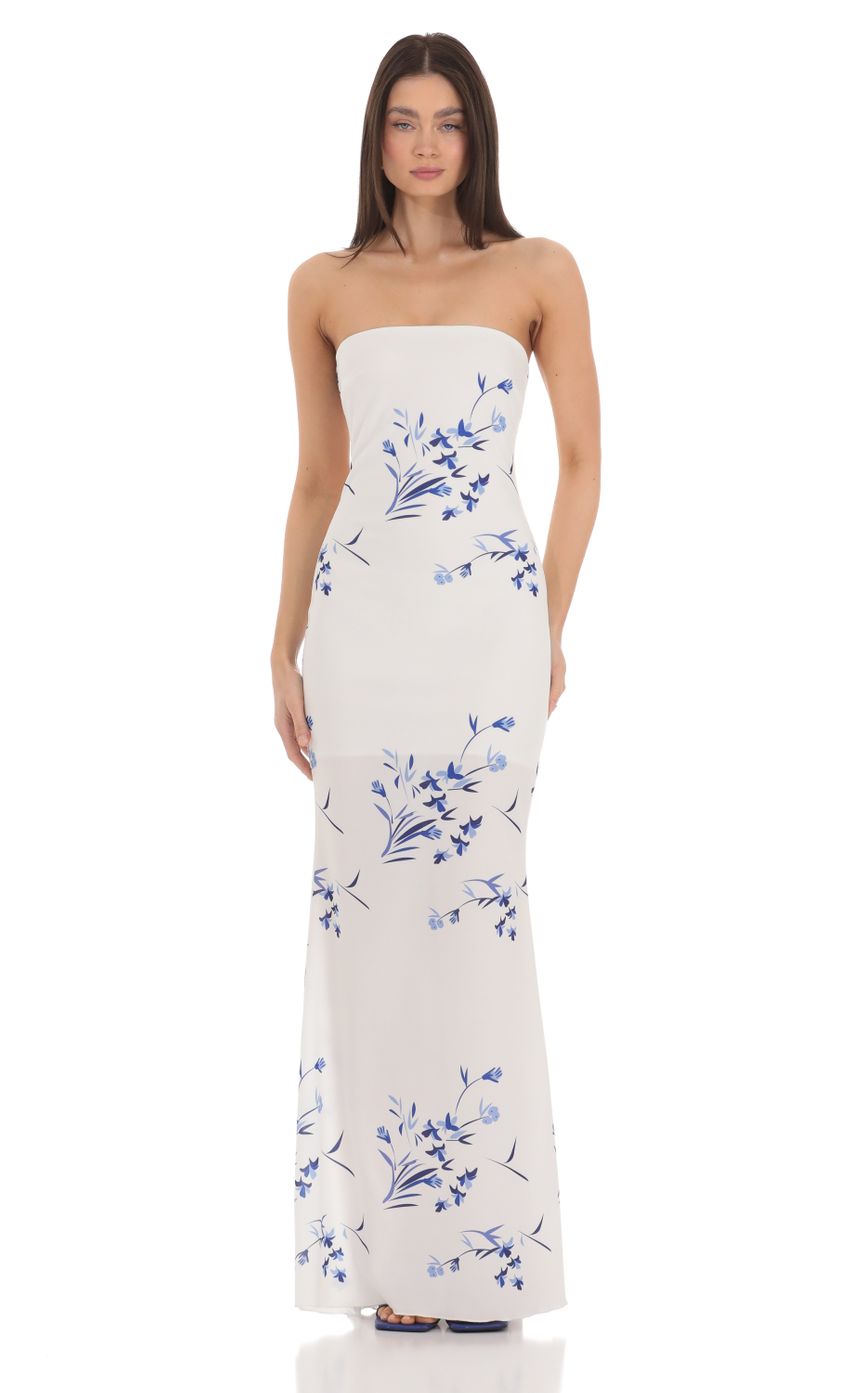 Floral Back Bow Strapless Maxi Dress in White - luluinthesky