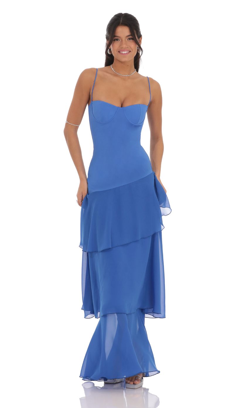 Long Ruffle Maxi Dress in Blue - luluinthesky