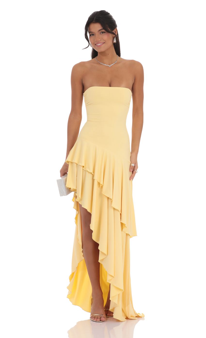 Strapless Ruffle Asymmetrical Maxi Dress in Yellow - luluinthesky
