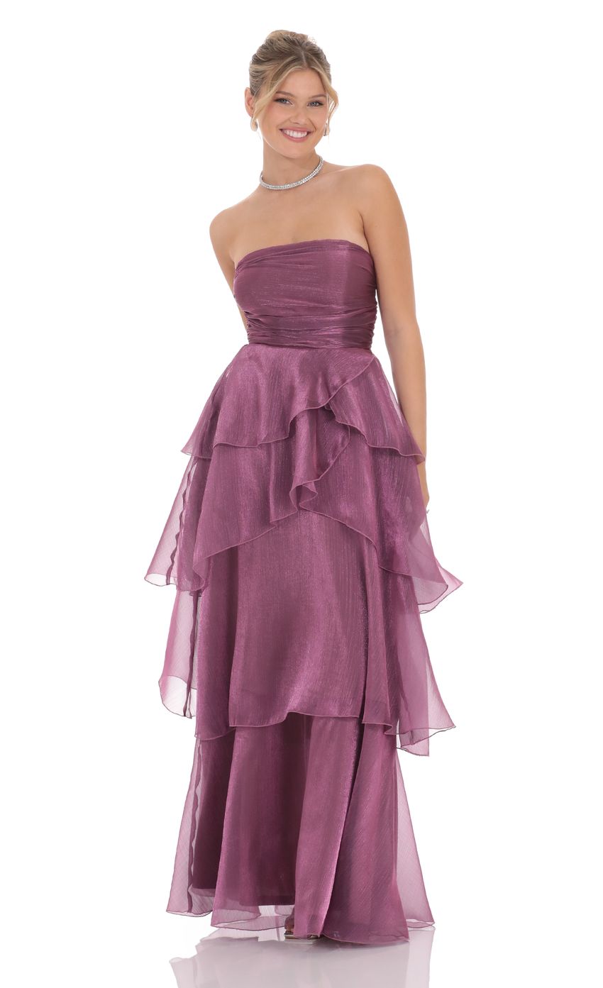 Corset Ruffle Strapless Maxi Dress in Purple - luluinthesky