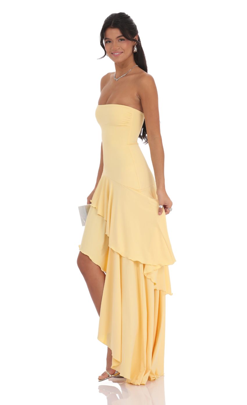 Strapless Ruffle Asymmetrical Maxi Dress in Yellow - luluinthesky