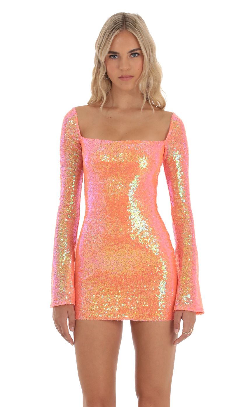 Iridescent Sequin Long Sleeve Dress in Orange - luluinthesky