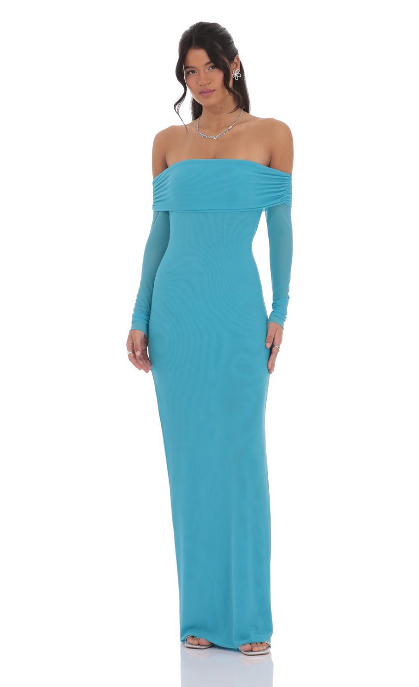 Mesh Off Shoulder Maxi Dress in Aqua Blue - luluinthesky