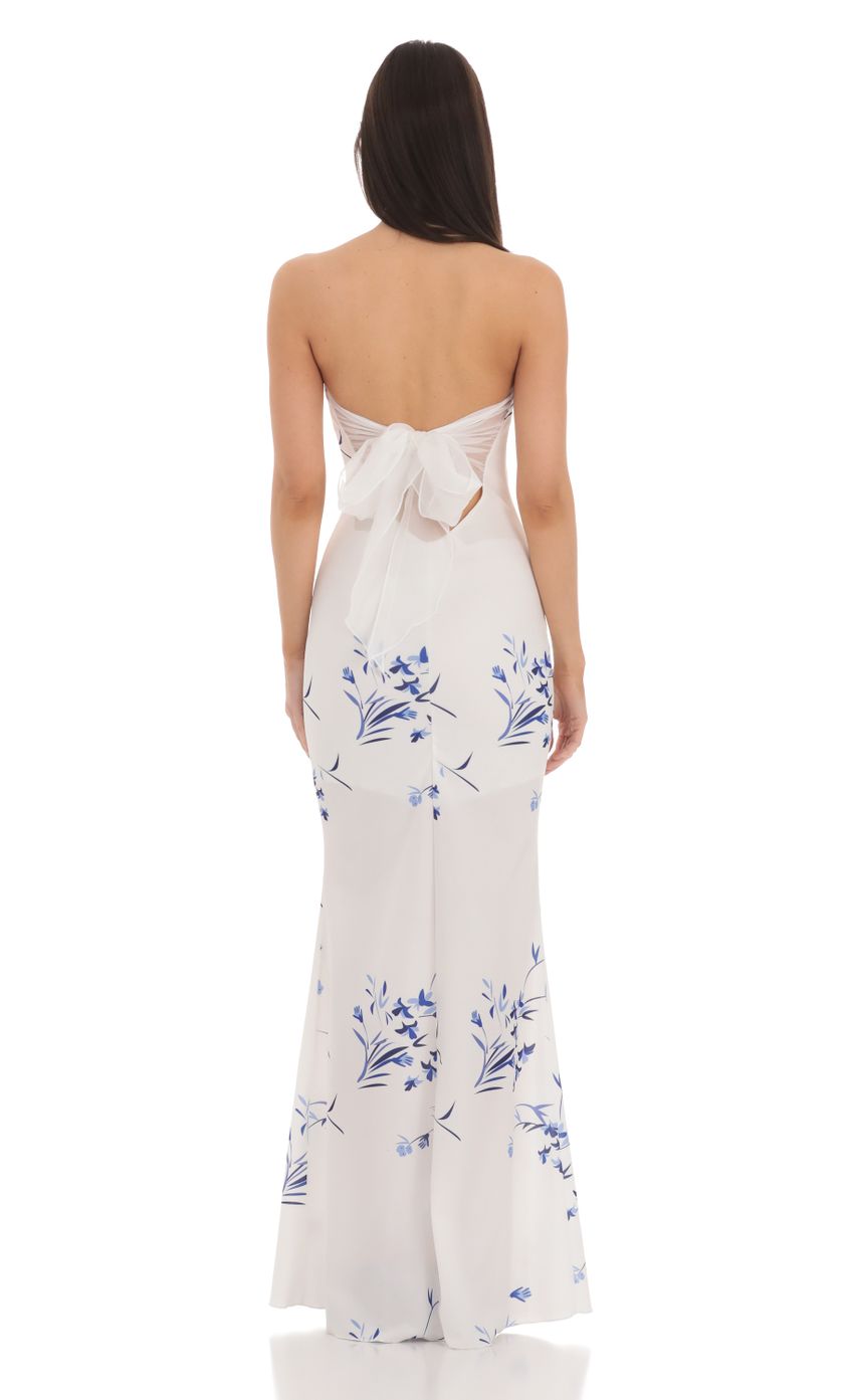 Floral Back Bow Strapless Maxi Dress in White - luluinthesky