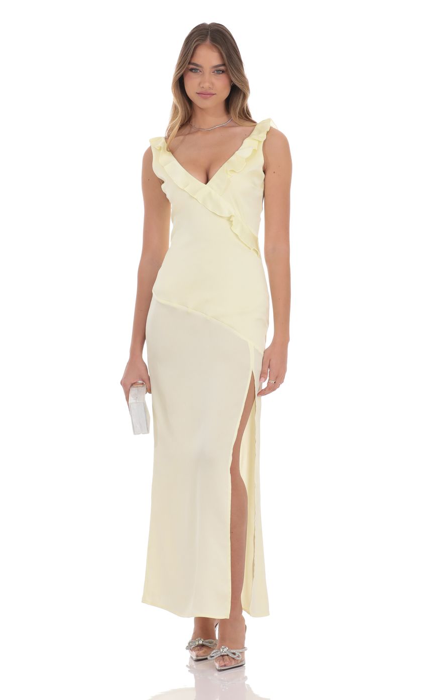Satin V-Neck Open Back Maxi Dress in Pastel Yellow - luluinthesky