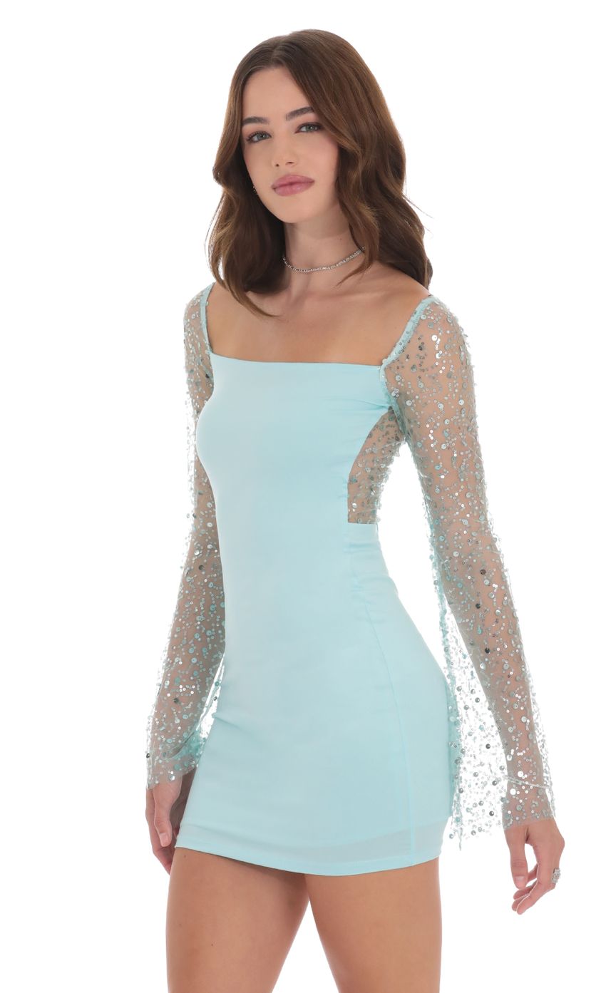 Sequin Long Sleeve Dress in Sky Blue - luluinthesky