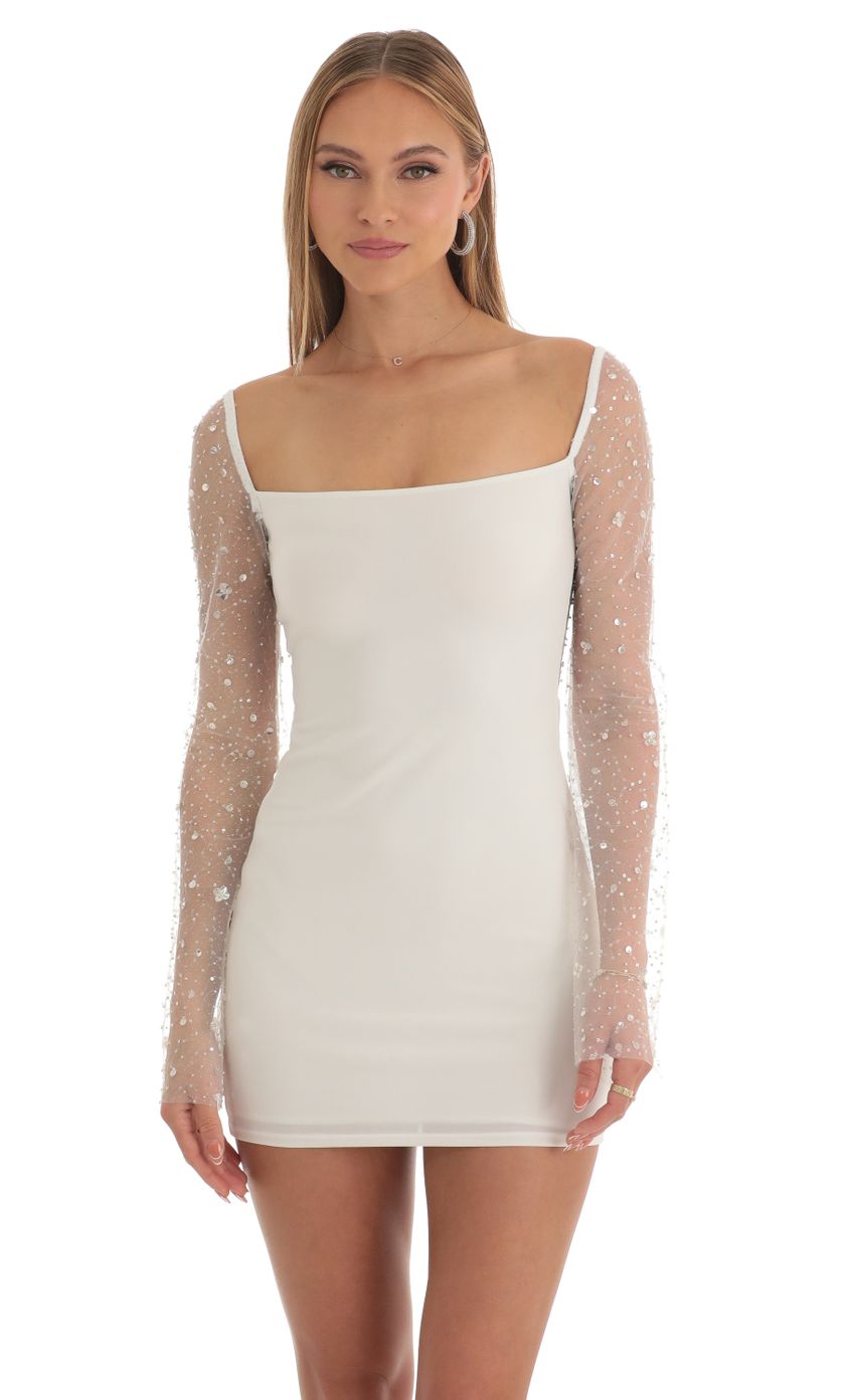 Sequin Long Sleeve Dress in White - luluinthesky