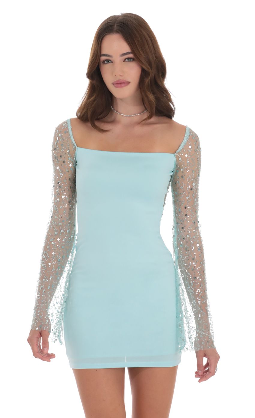Sequin Long Sleeve Dress in Sky Blue - luluinthesky