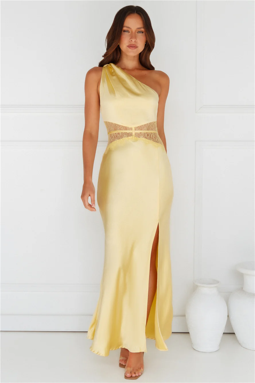 Show You Love One Shoulder Satin Maxi Dress Yellow - luluinthesky