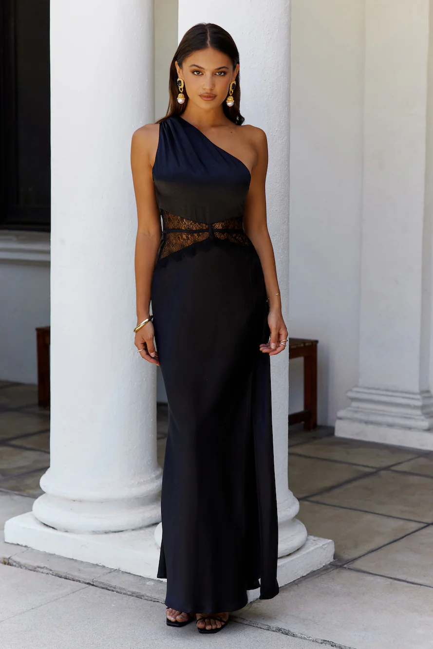 Show You Love One Shoulder Satin Maxi Dress Black - luluinthesky