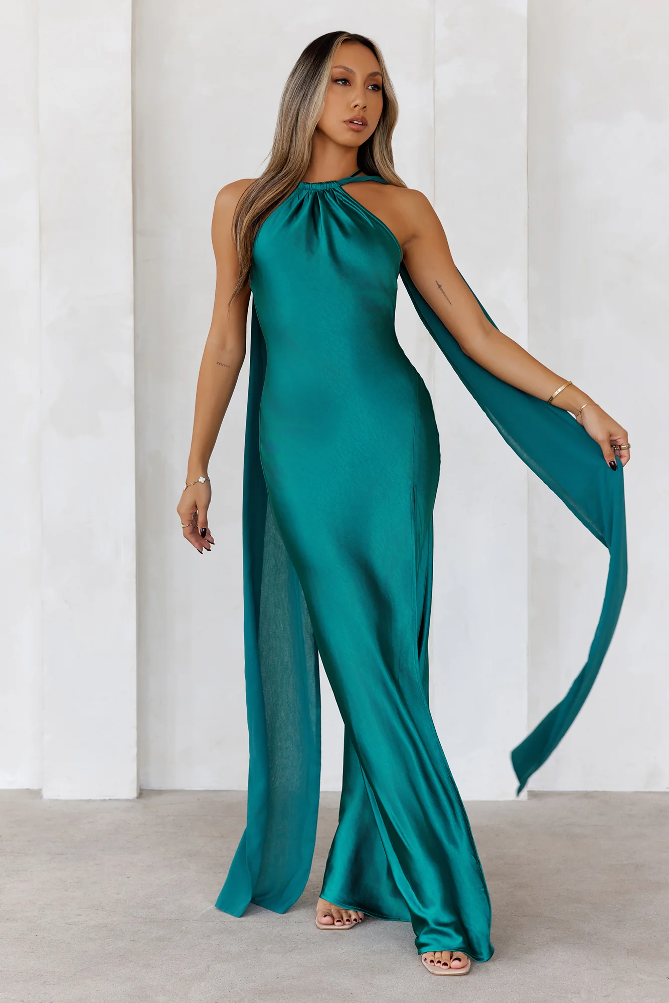 Golden Empress Satin Maxi Dress Green - luluinthesky