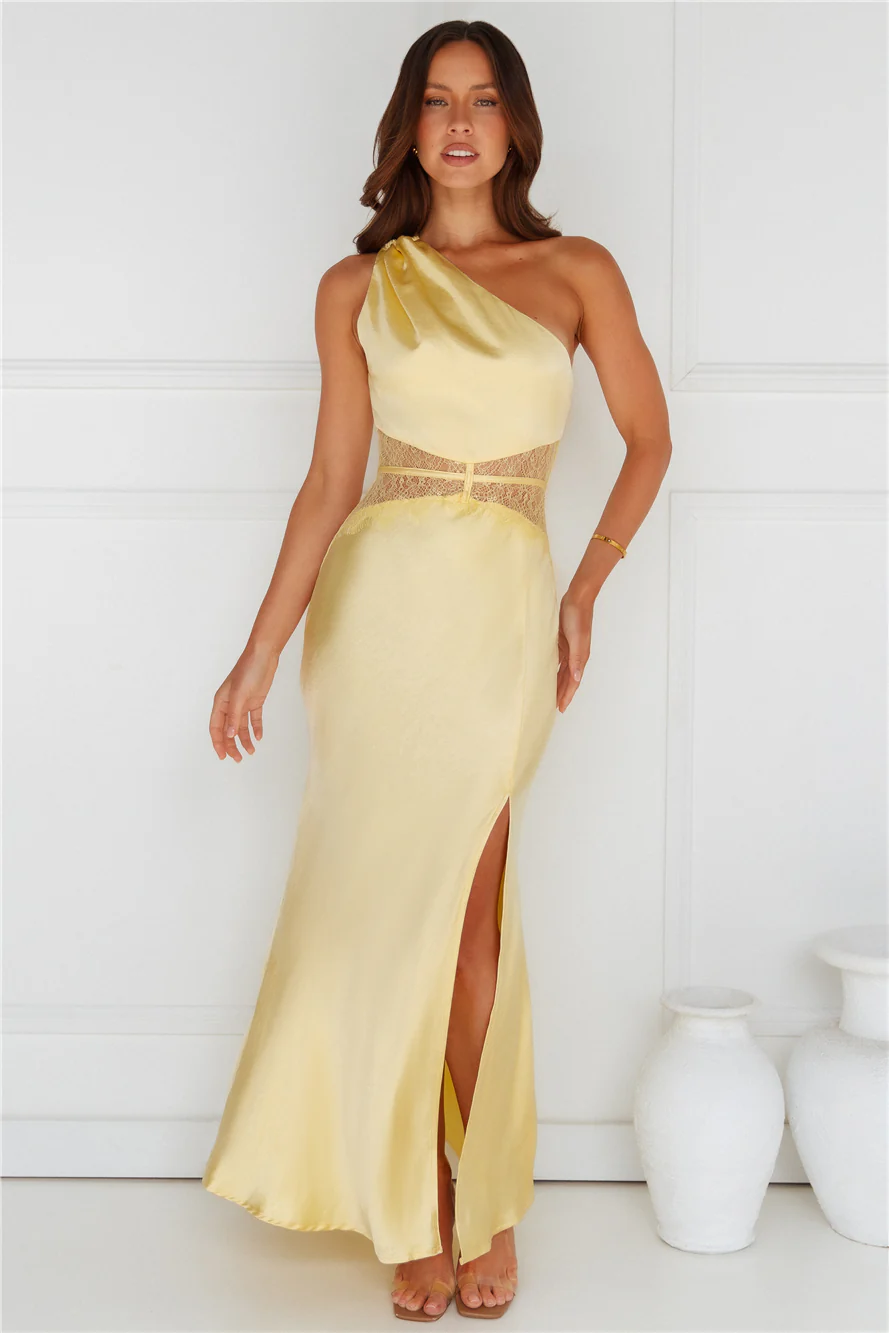 Show You Love One Shoulder Satin Maxi Dress Yellow - luluinthesky