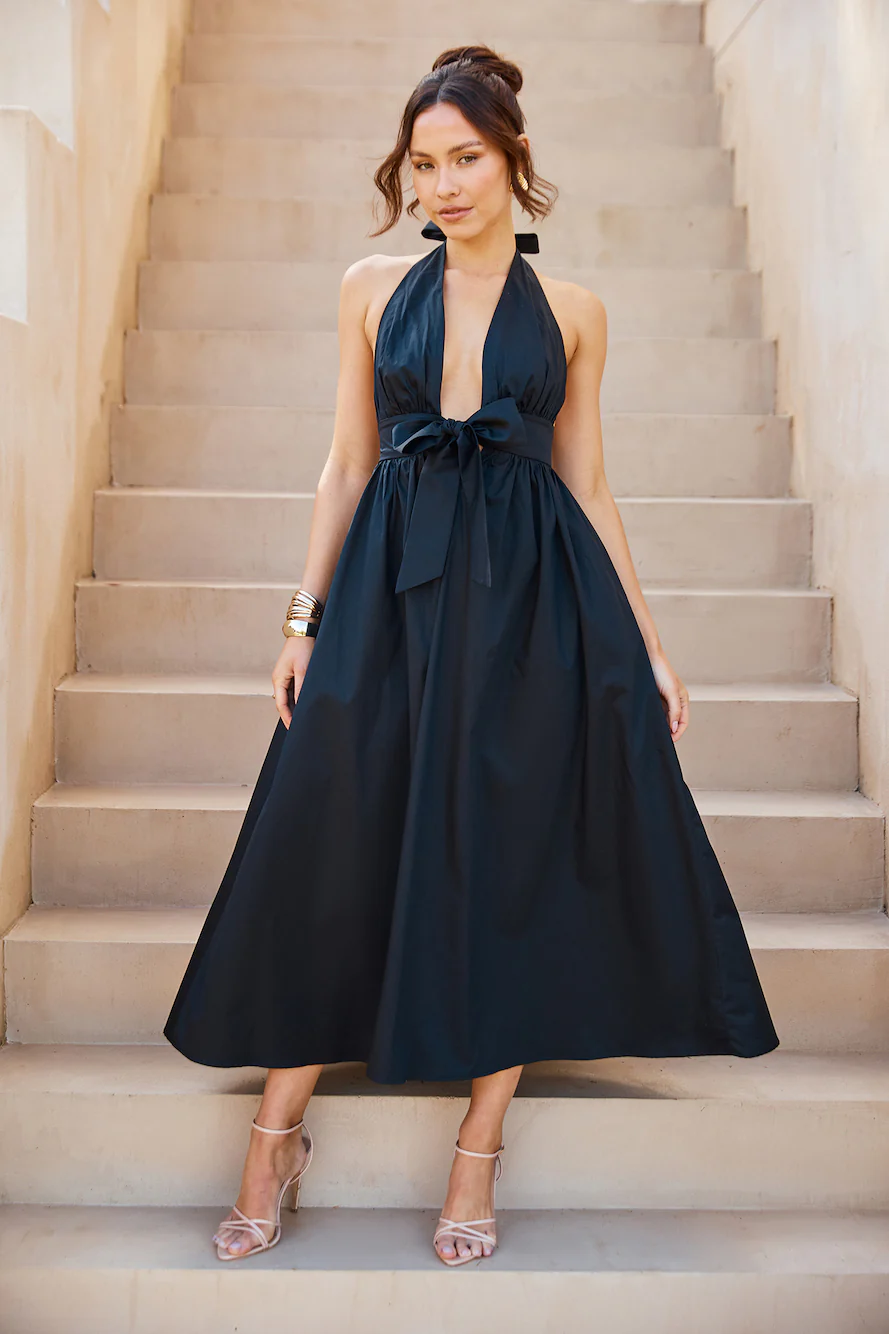 Moonlit Reverie Halter Midi Dress Black - luluinthesky