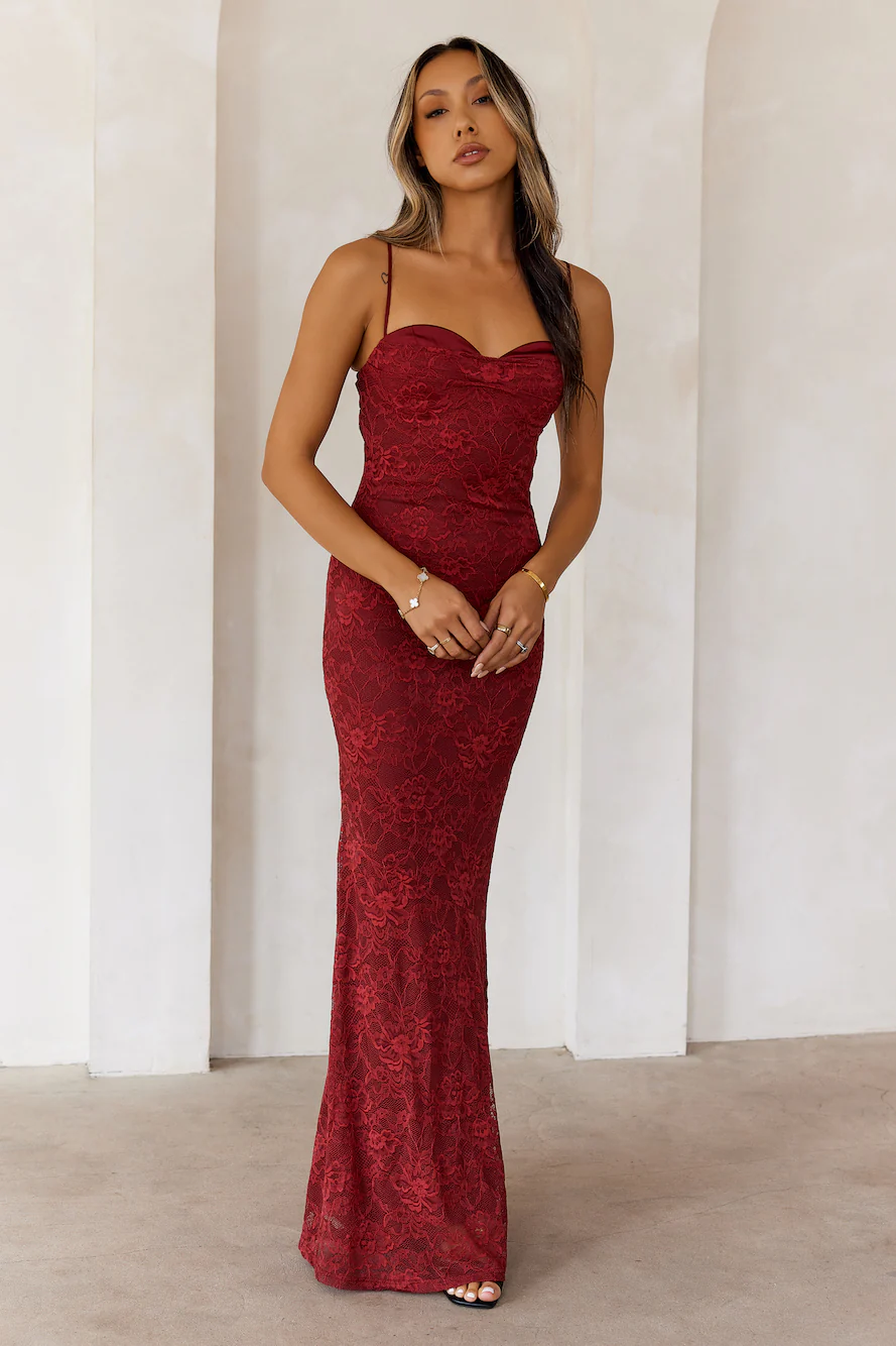 Chasing Midnight Lace Maxi Dress Wine - luluinthesky