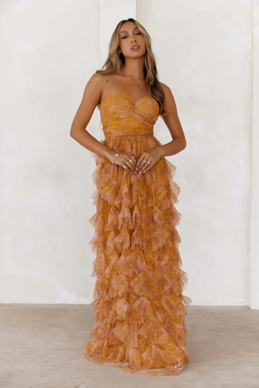Festival Of You Strapless Tulle Maxi Dress Mustard - luluinthesky