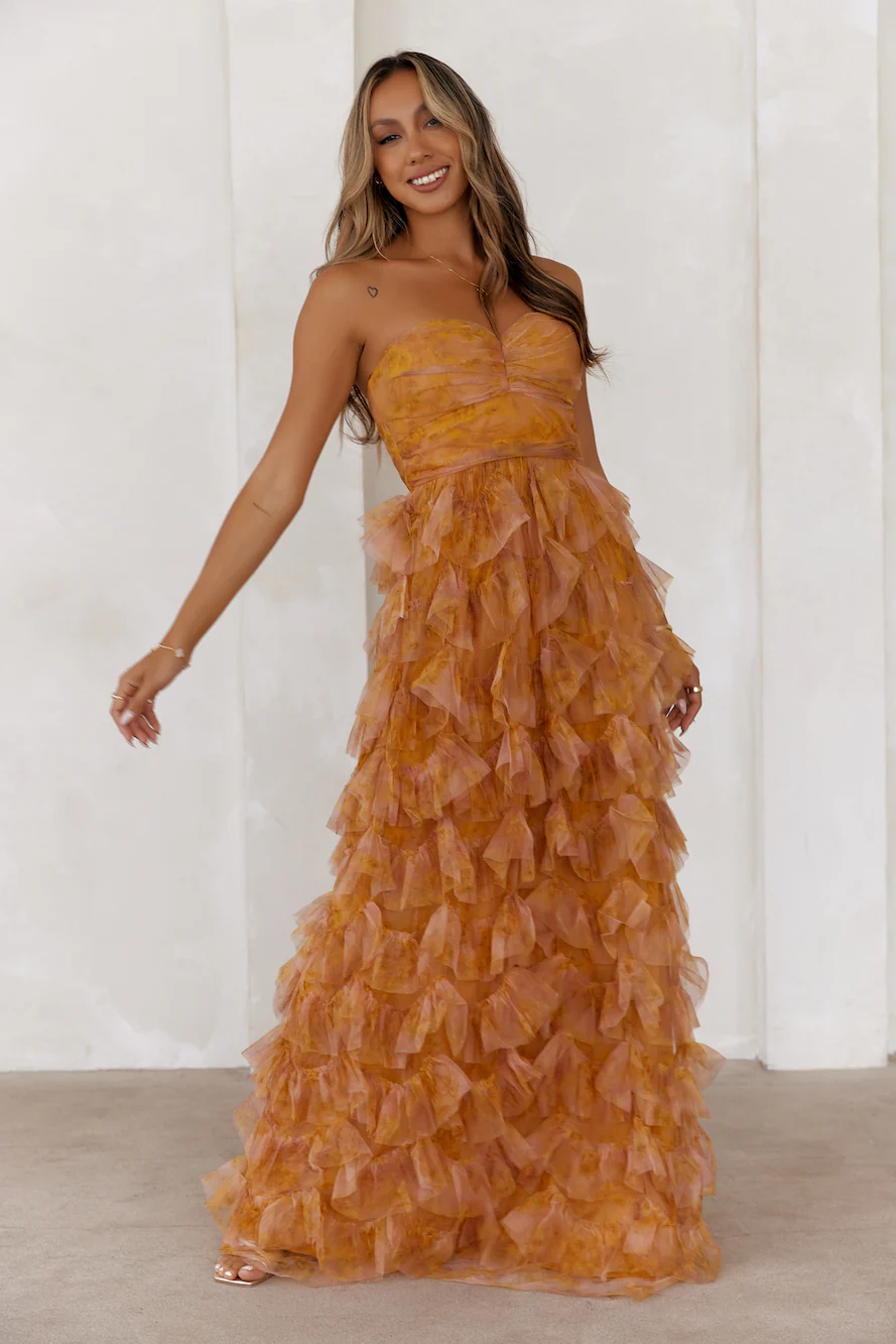 Festival Of You Strapless Tulle Maxi Dress Mustard - luluinthesky