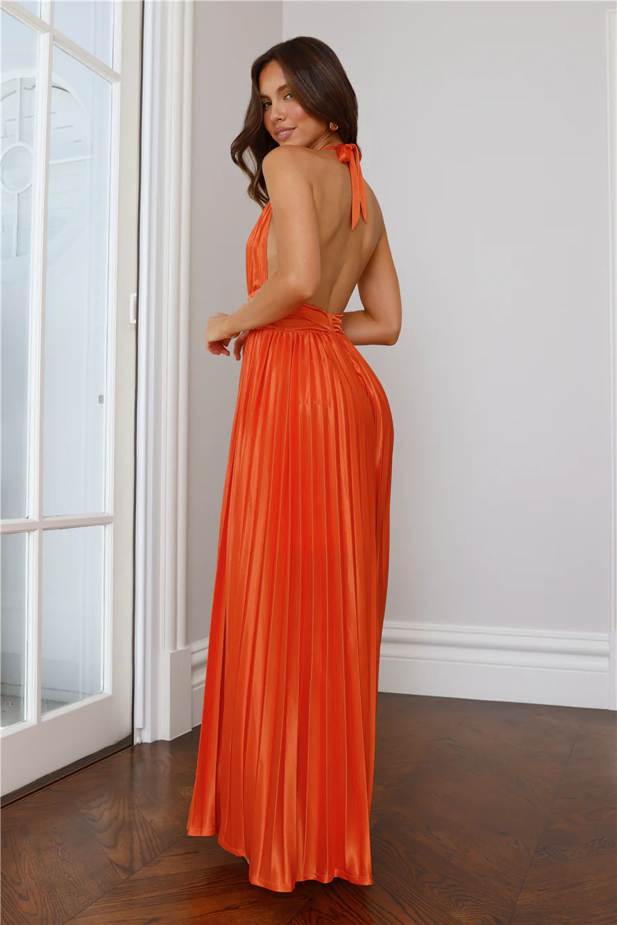 Shimmering Sea Pleated Halter Maxi Dress Orange - luluinthesky