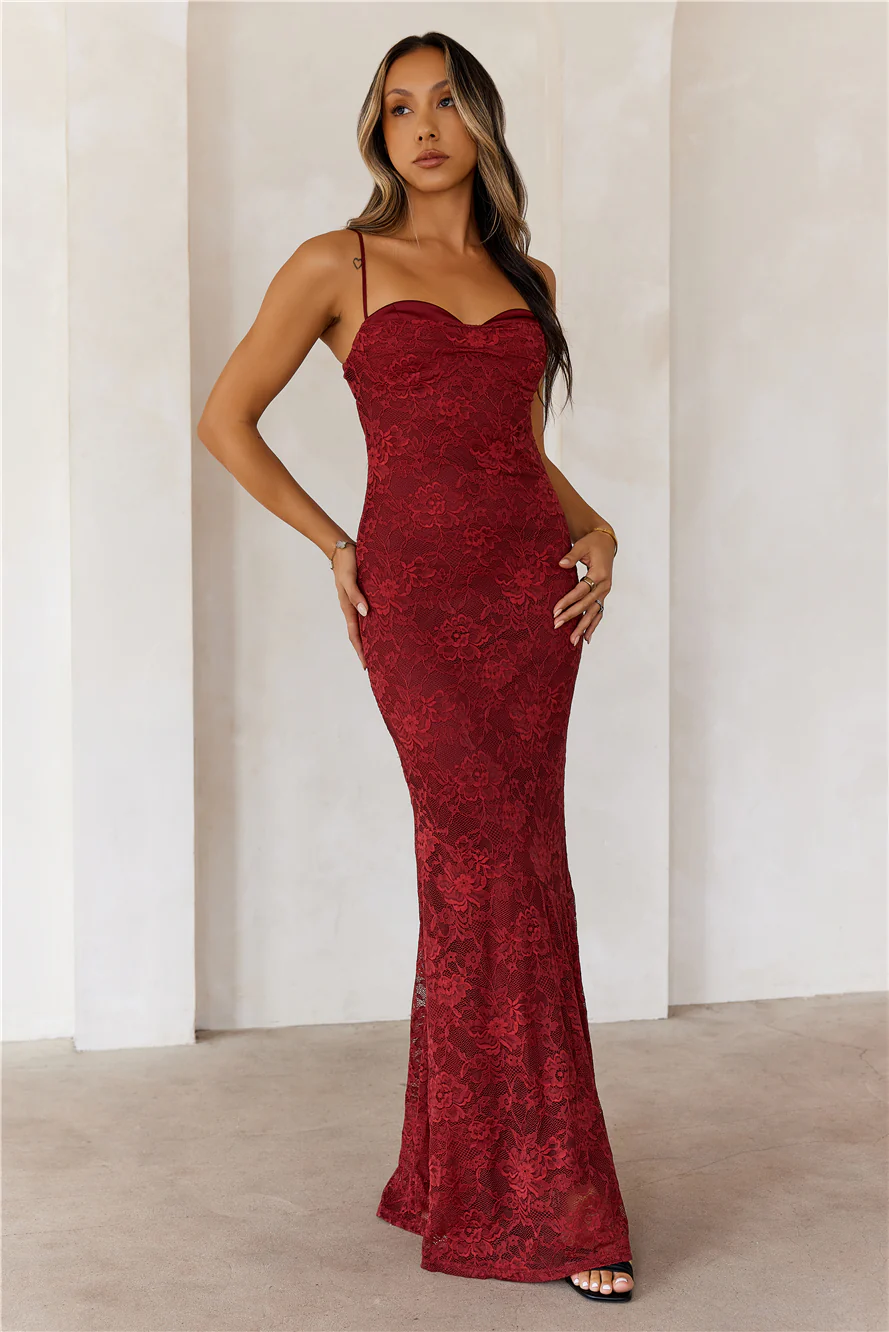 Chasing Midnight Lace Maxi Dress Wine - luluinthesky