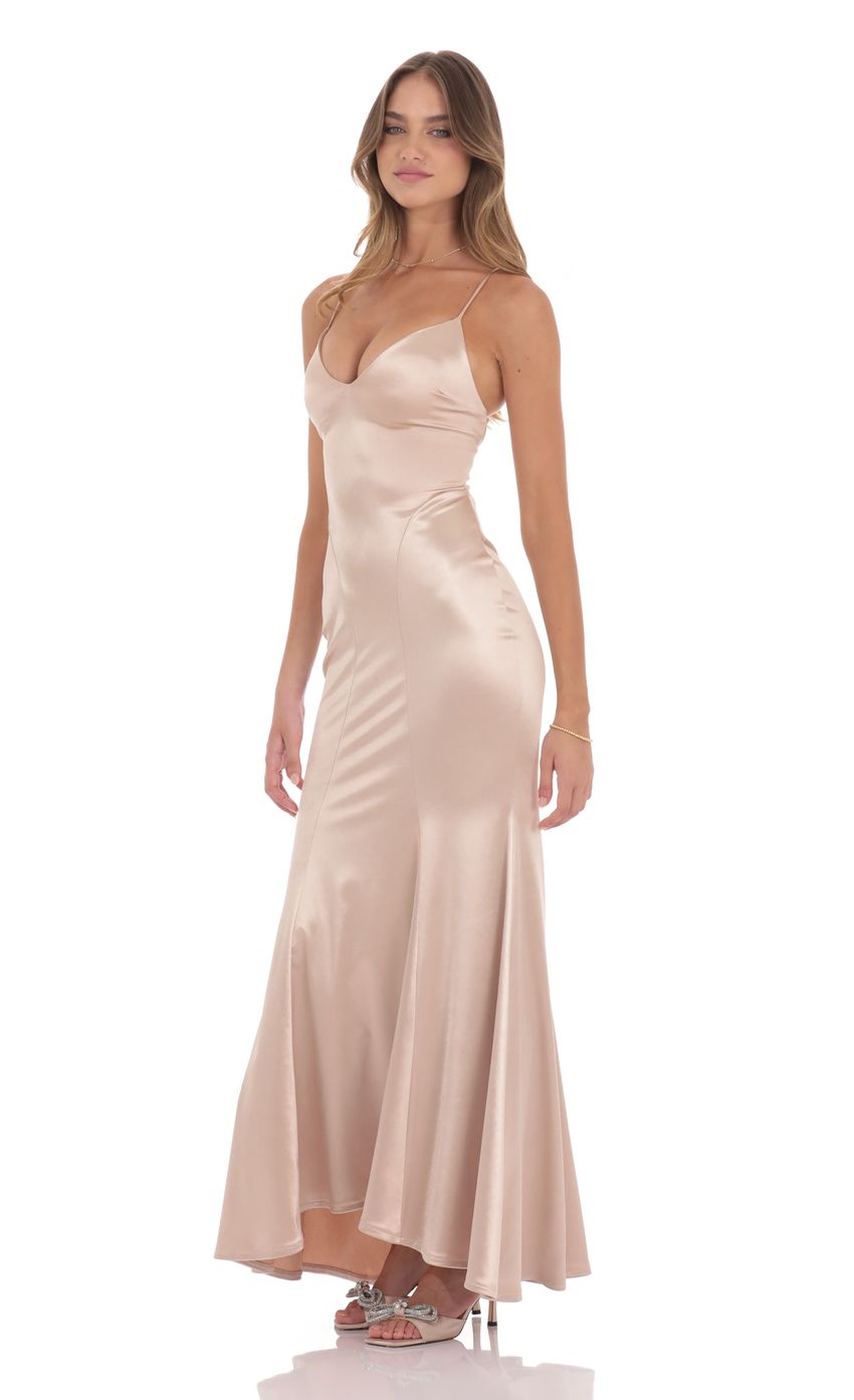 Satin Open Back Mermaid Maxi Dress in Champagne - luluinthesky