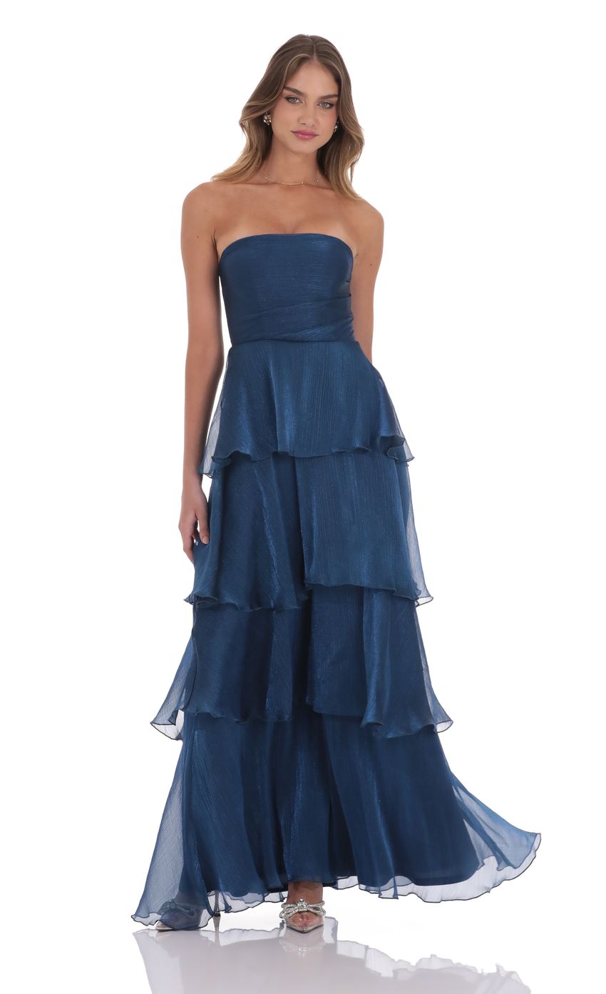 Corset Ruffle Strapless Maxi Dress in Navy - luluinthesky