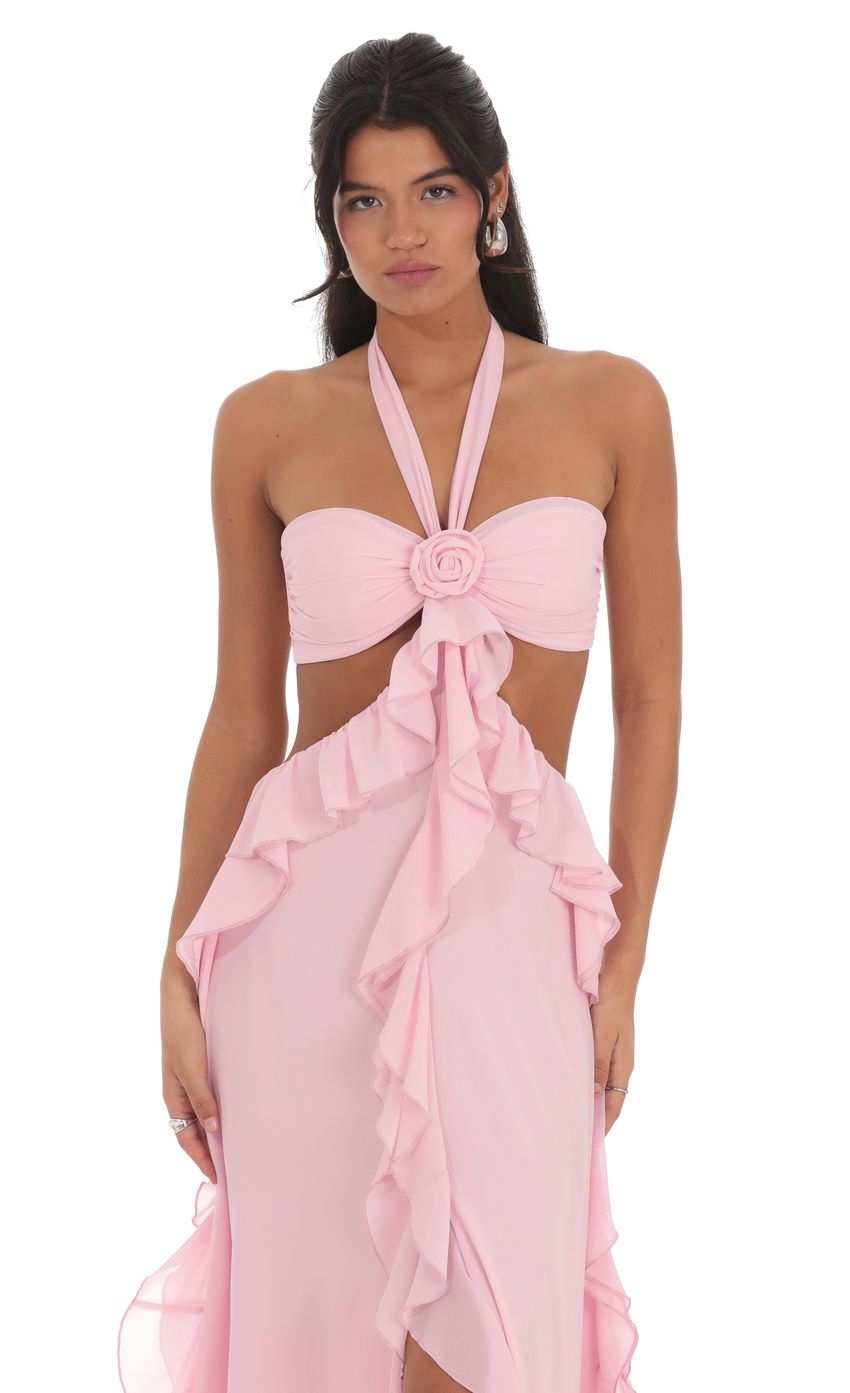 Chiffon Cutout Ruffle Maxi Dress in Pink - luluinthesky