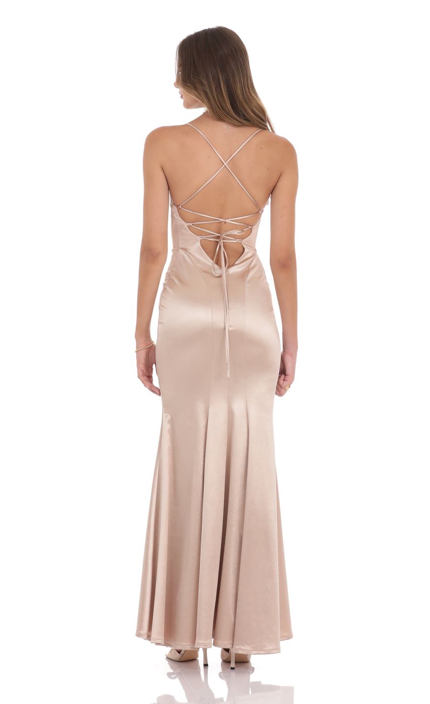 Satin Open Back Mermaid Maxi Dress in Champagne - luluinthesky