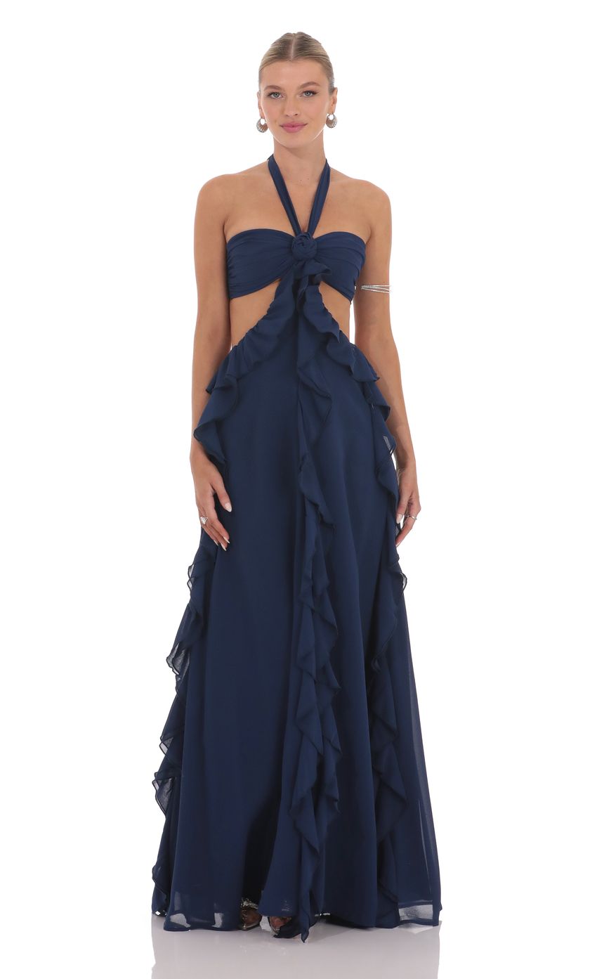 Chiffon Cutout Ruffle Maxi Dress in Navy - luluinthesky