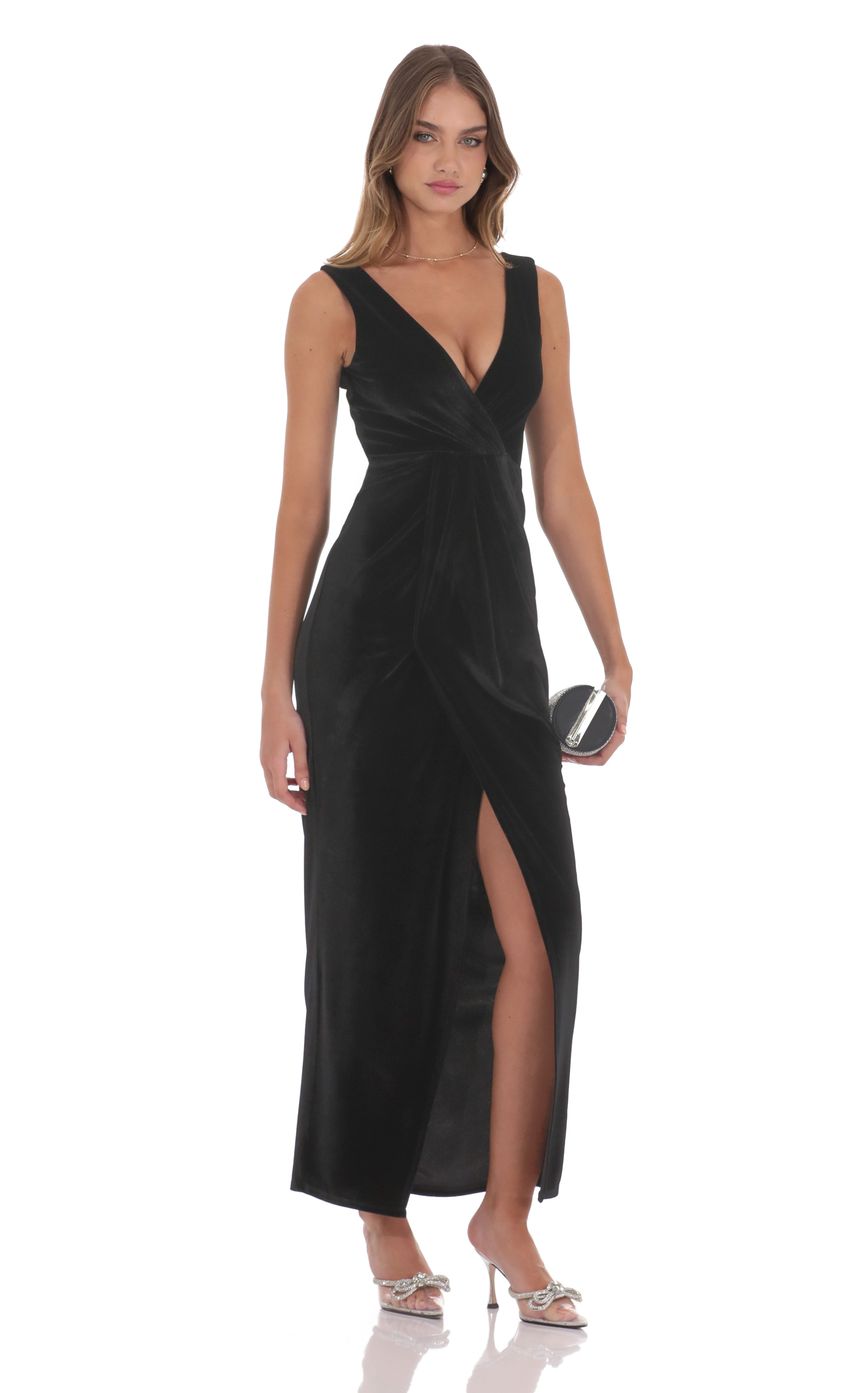 Velvet V-Neck Slit Maxi Dress in Black - luluinthesky