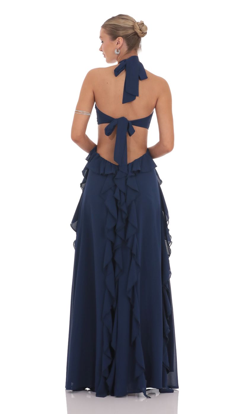 Chiffon Cutout Ruffle Maxi Dress in Navy - luluinthesky