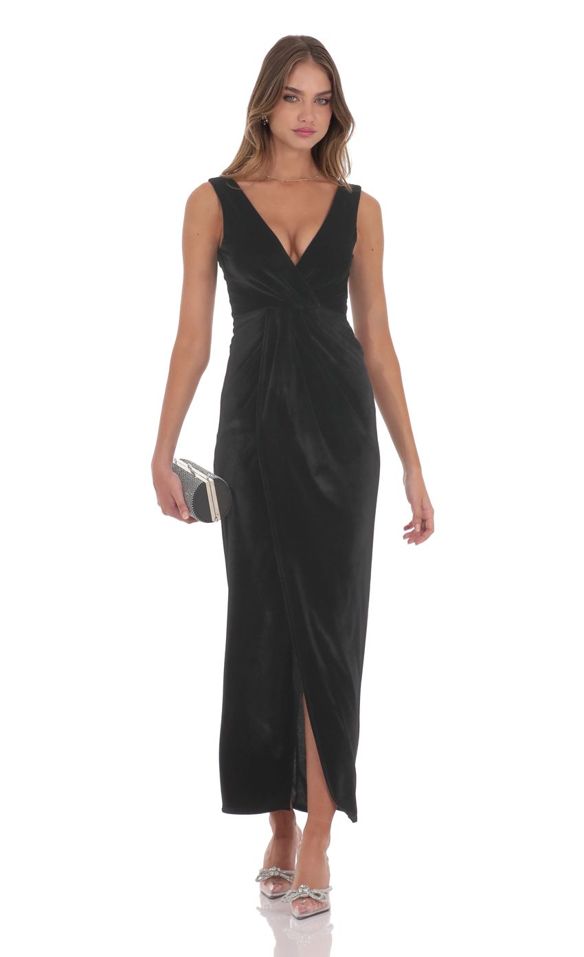 Velvet V-Neck Slit Maxi Dress in Black - luluinthesky
