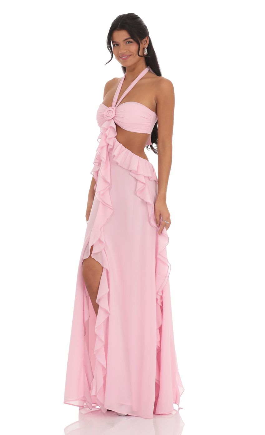 Chiffon Cutout Ruffle Maxi Dress in Pink - luluinthesky