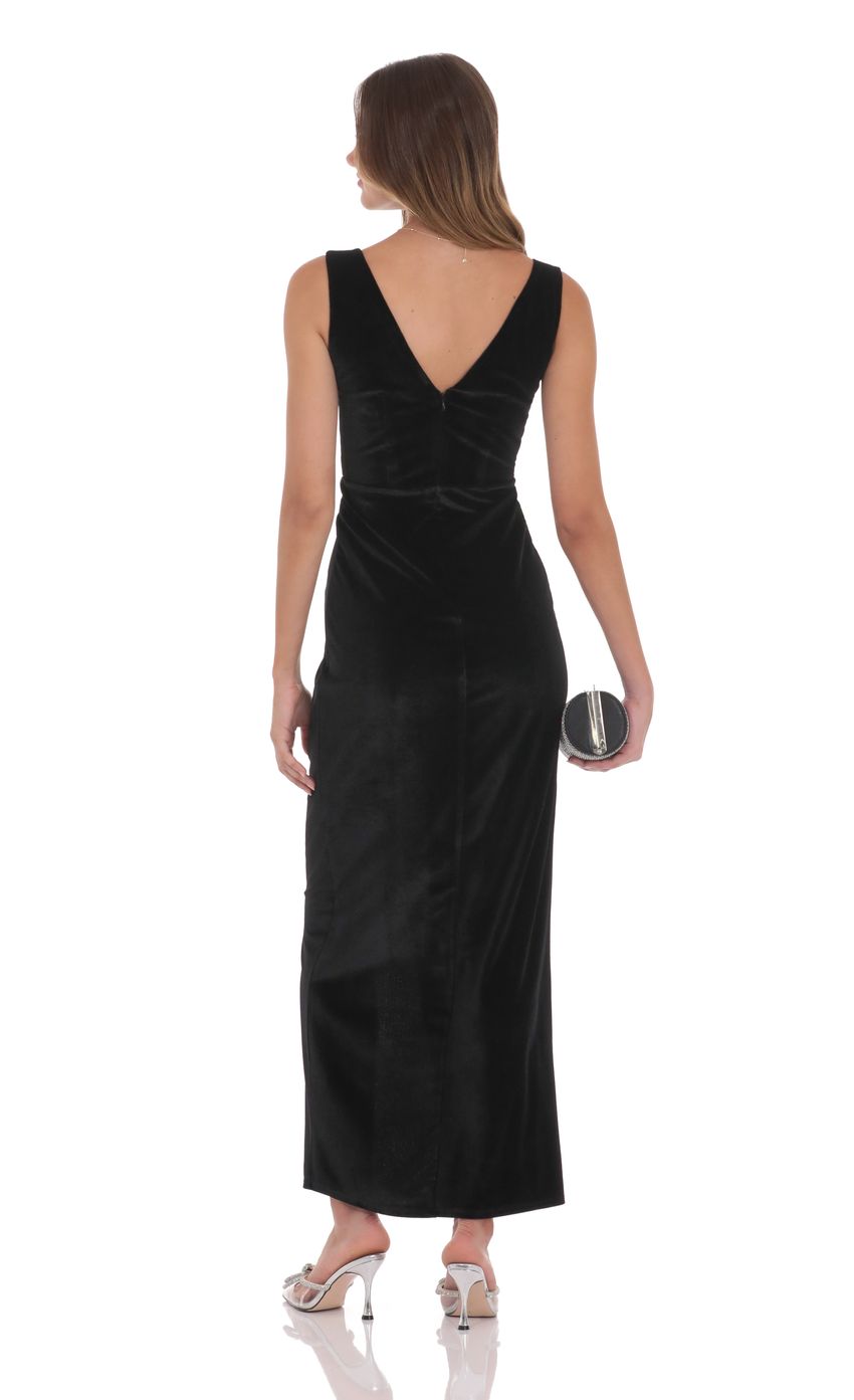 Velvet V-Neck Slit Maxi Dress in Black - luluinthesky