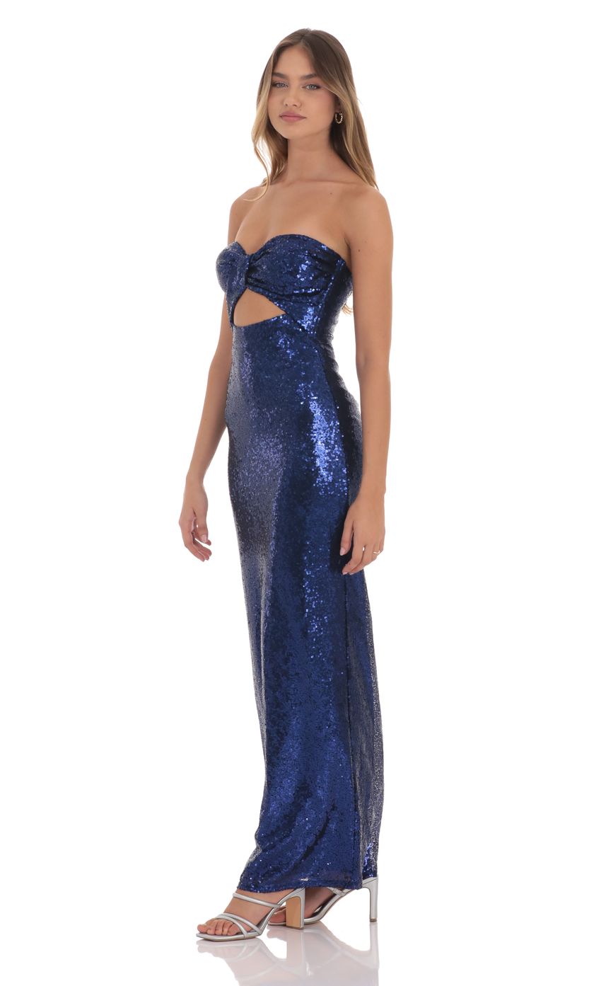 Sequin Twist Cutout Maxi Dress in Navy - luluinthesky