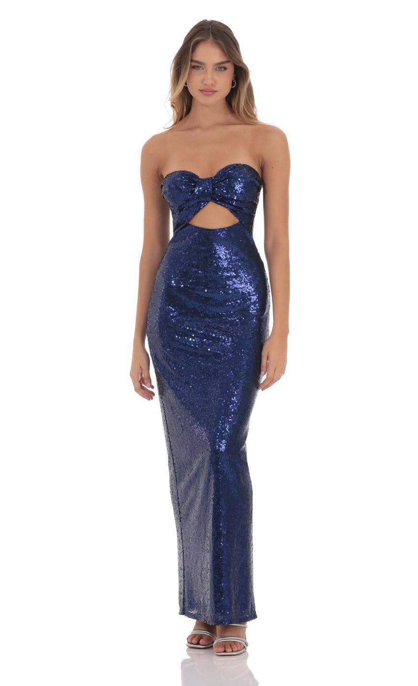 Sequin Twist Cutout Maxi Dress in Navy - luluinthesky