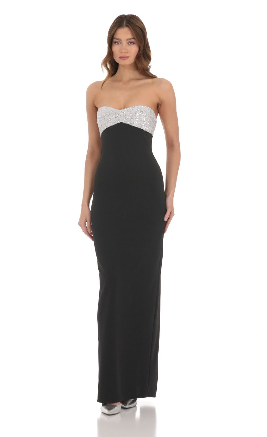 Strapless White Sequin Maxi Dress in Black - luluinthesky