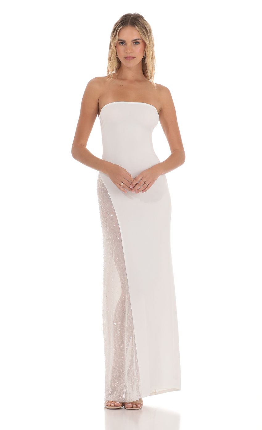 Strapless Mesh Sequin Slit in White - luluinthesky