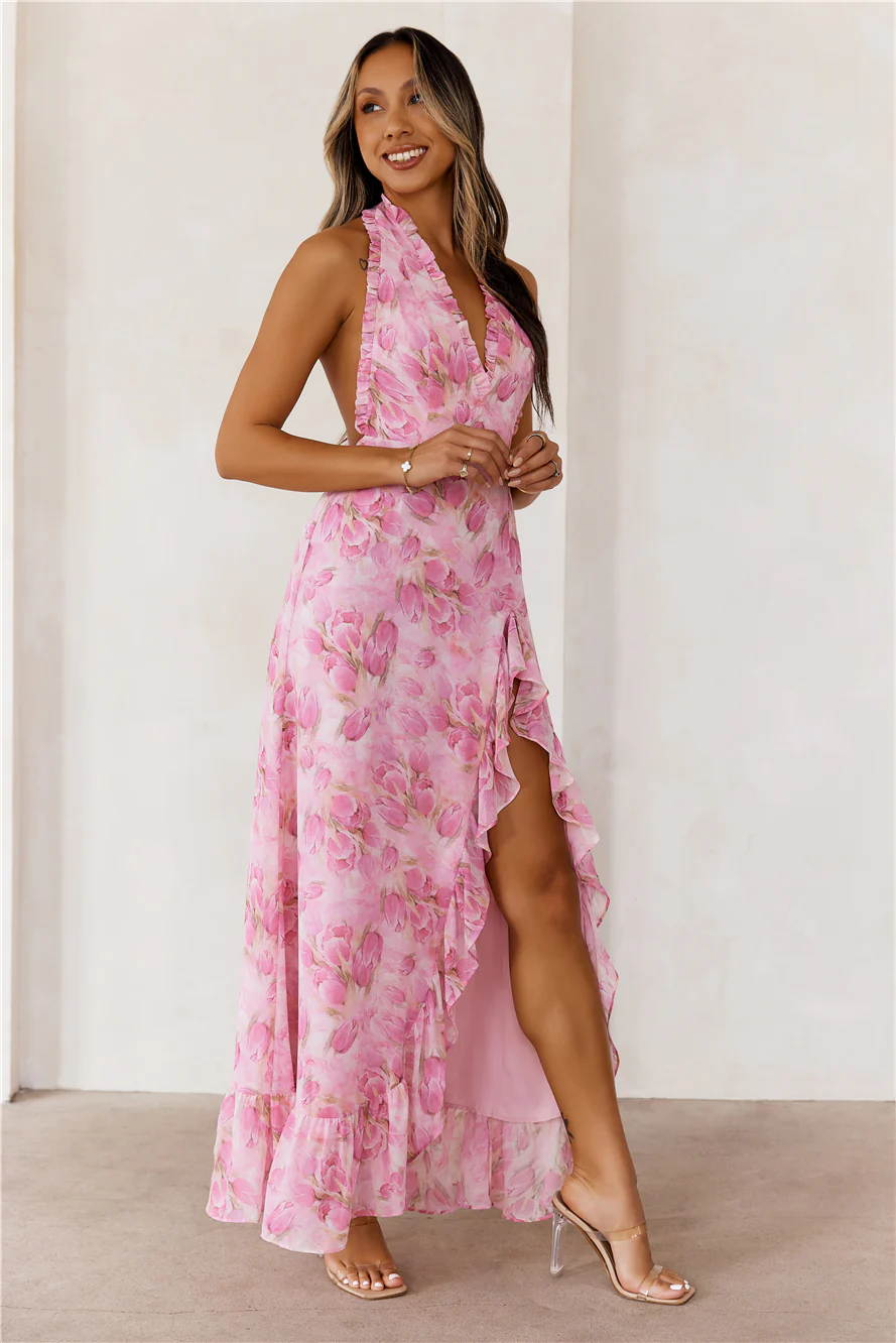 Passionate Paths Halter Maxi Dress Pink - luluinthesky