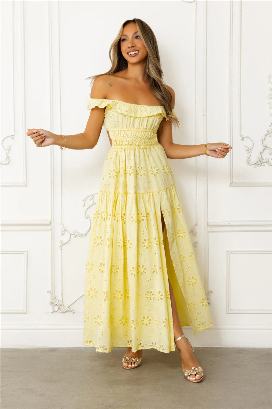 Secrets You Keep Off Shoulder Embroidered Maxi Dress Yellow - luluinthesky