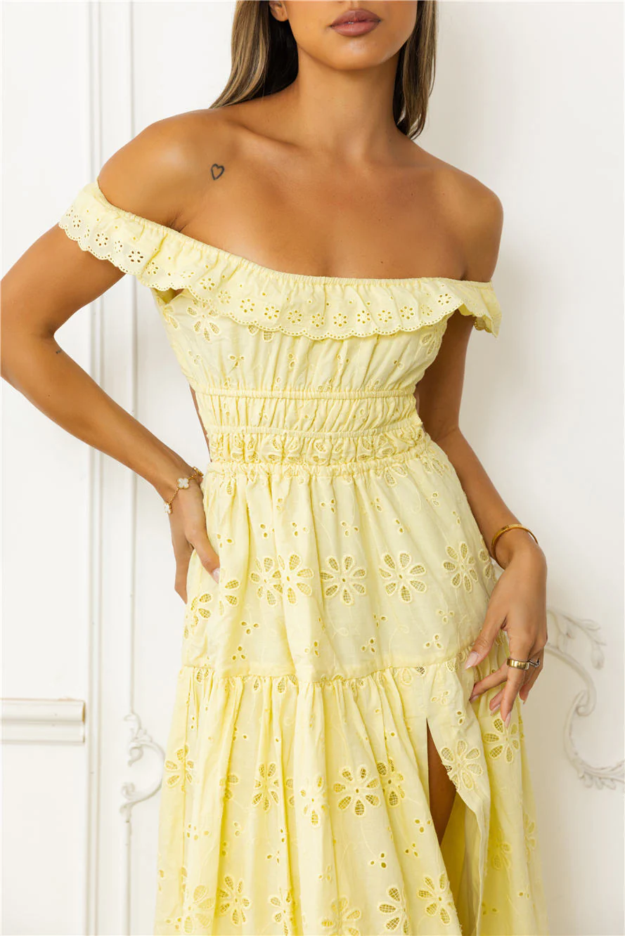 Secrets You Keep Off Shoulder Embroidered Maxi Dress Yellow - luluinthesky