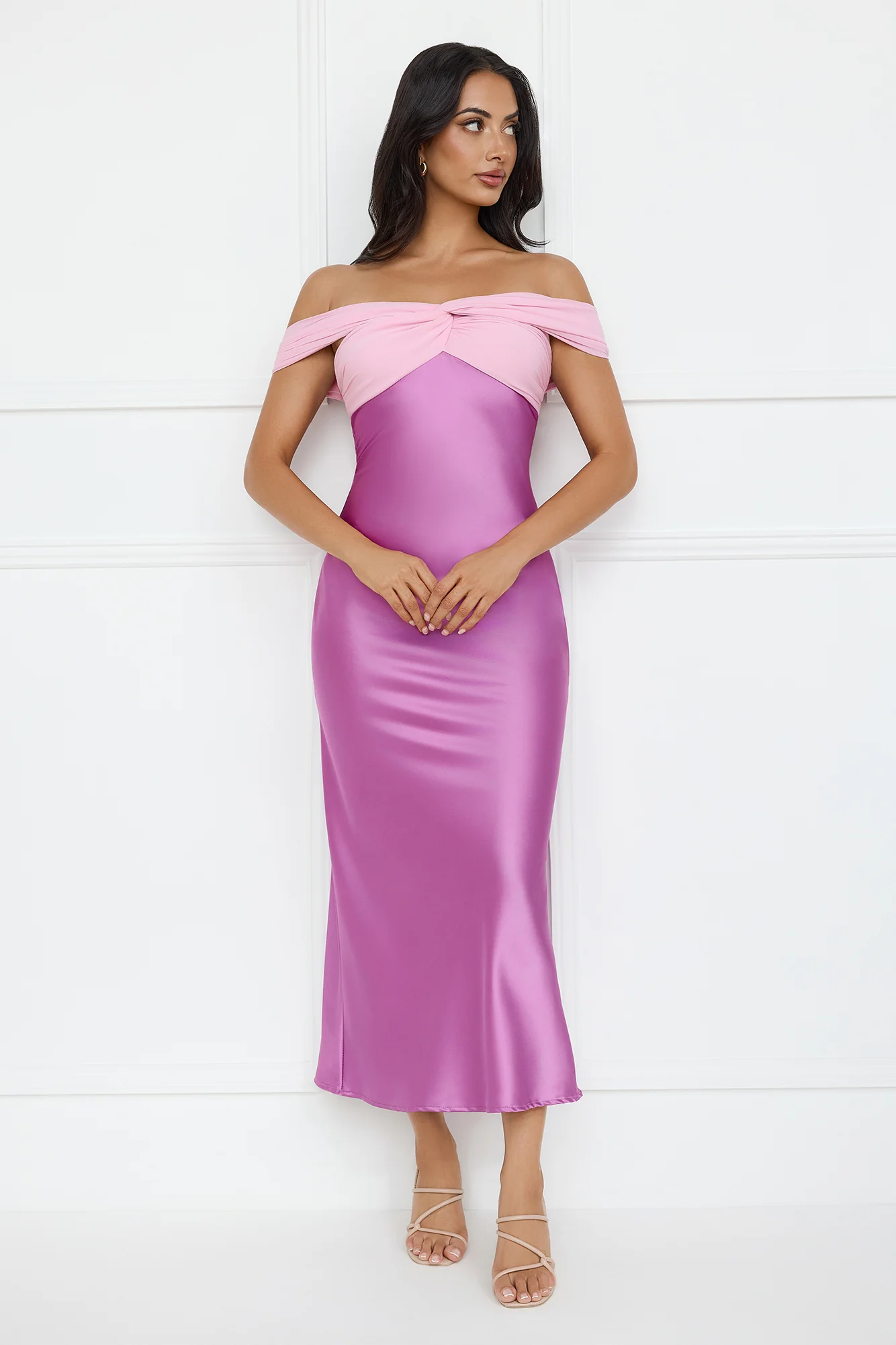 Luxe And Lavish Off Shoulder Satin Maxi Dress Purple - luluinthesky