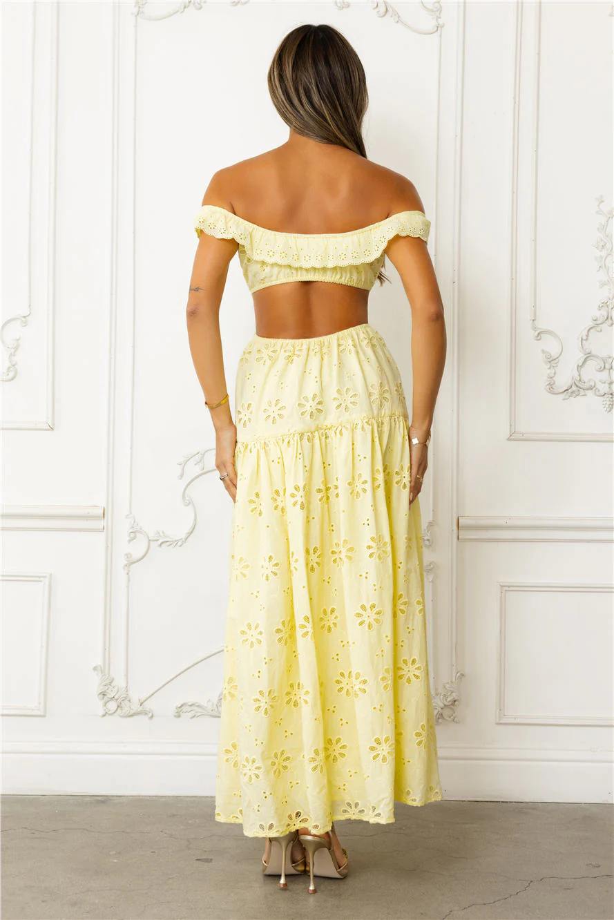Secrets You Keep Off Shoulder Embroidered Maxi Dress Yellow - luluinthesky