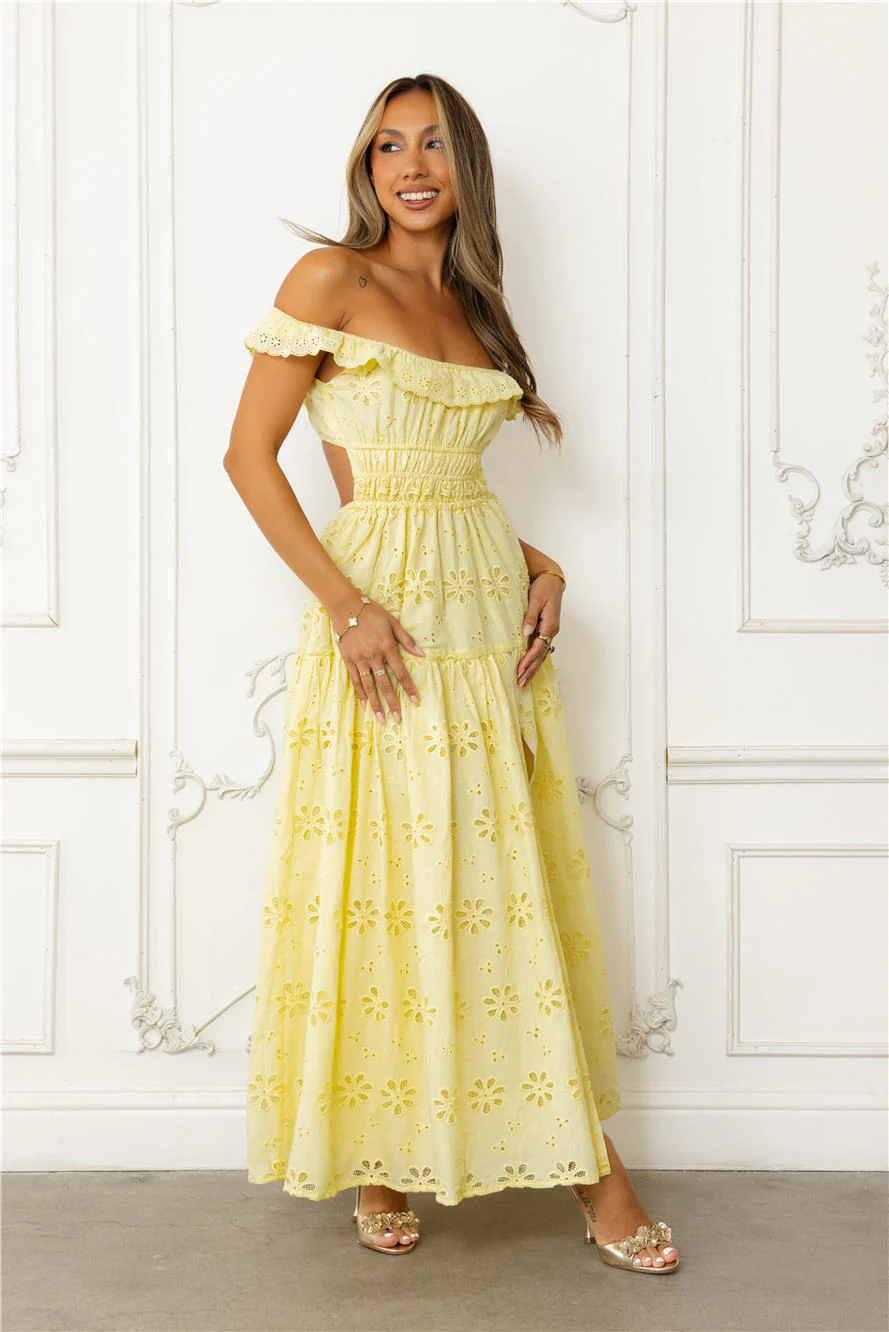 Secrets You Keep Off Shoulder Embroidered Maxi Dress Yellow - luluinthesky