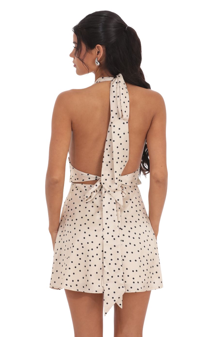 Satin Polka Dot Halter Dress in Beige - luluinthesky