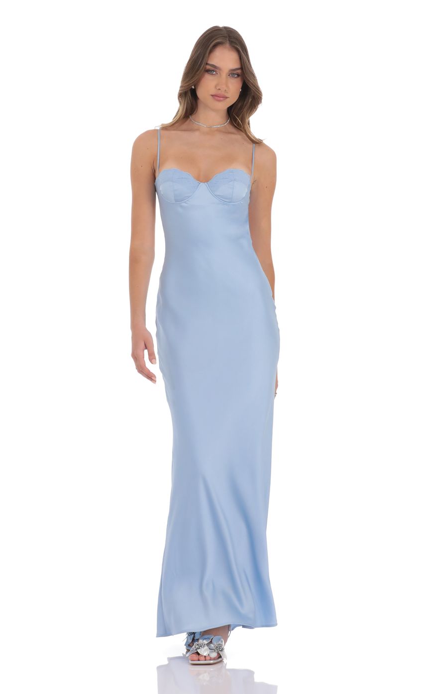 Open Back Satin Maxi Dress in Light Blue - luluinthesky