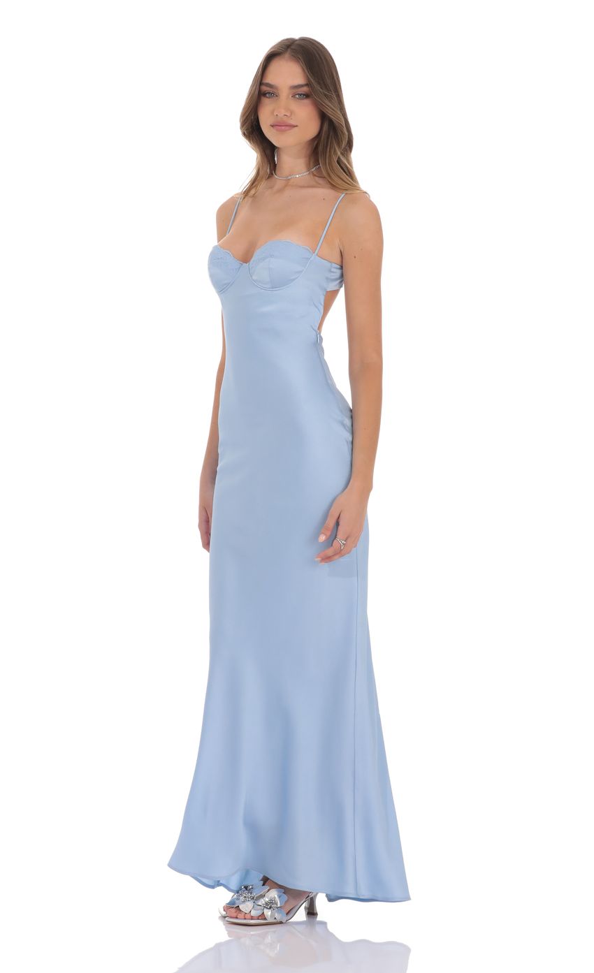 Open Back Satin Maxi Dress in Light Blue - luluinthesky