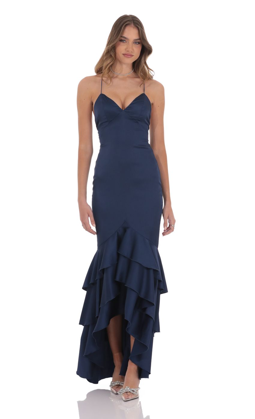 Satin Ruffle Fishtail Maxi Dress in Navy - luluinthesky